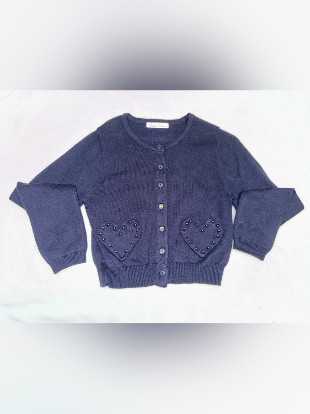 Children's 7/8 Navy Heart Pocket Button-Front Sweater